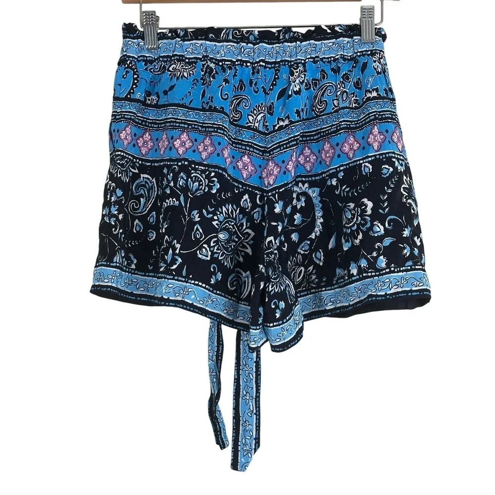 LOFT Paisley Floral Border Print Paperbag Tie Waist Shorts Blue Gypsy Hippie XS